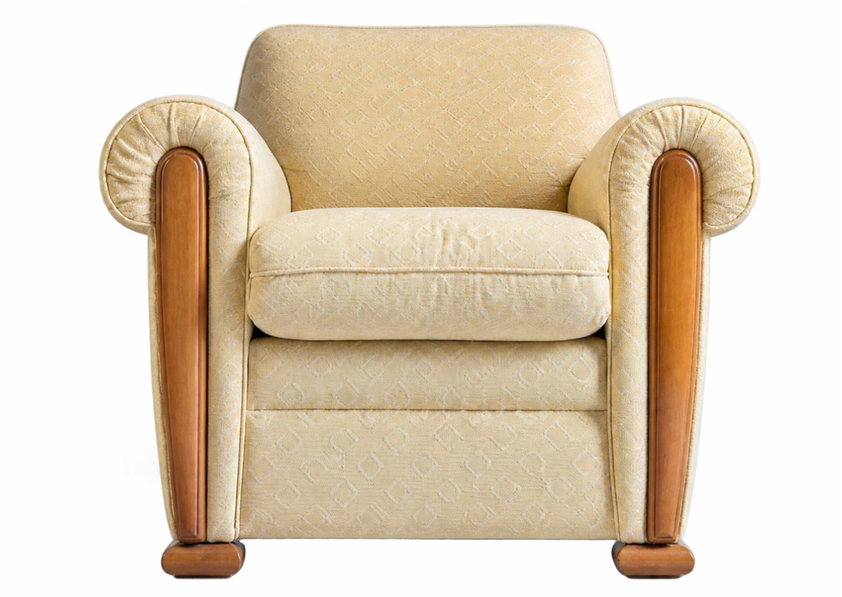 Fauteuil vintage en tissu crème à accoudoirs en bois