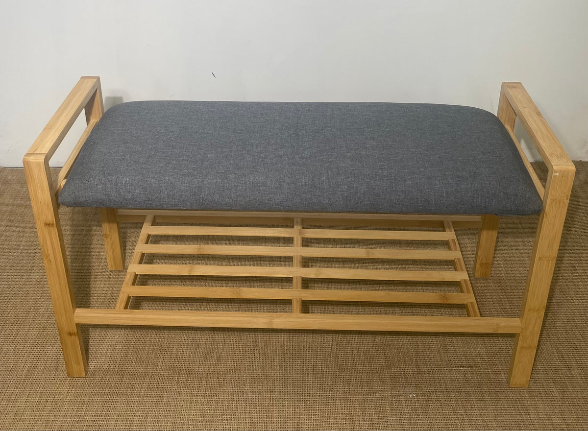 Banc à chaussures en bois clair, assise en tissu gris