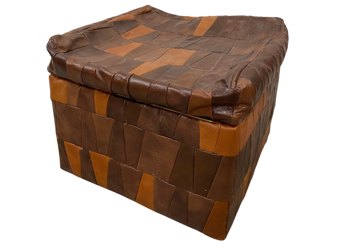 Pouf coffre en cuir marron patchwork