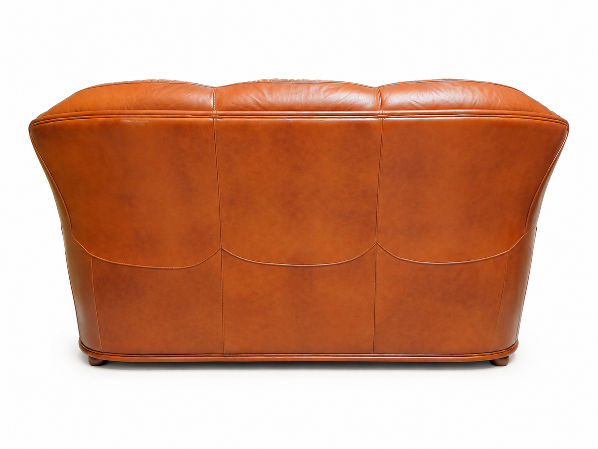 Canapé - marron - cuir - 3 places - pouf
