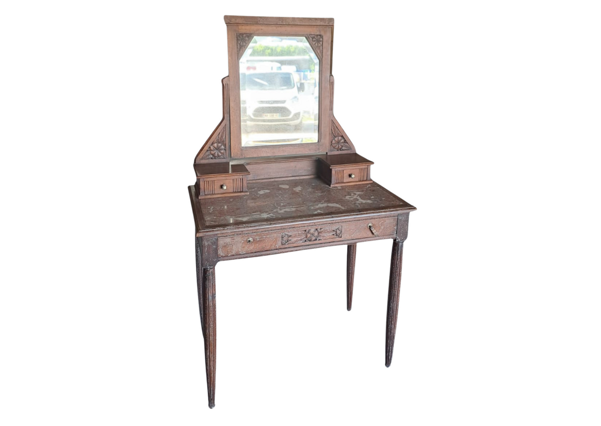 Coiffeuse en bois à dessus marbré et miroir (L 89 × P 52,5 × H 156 cm)