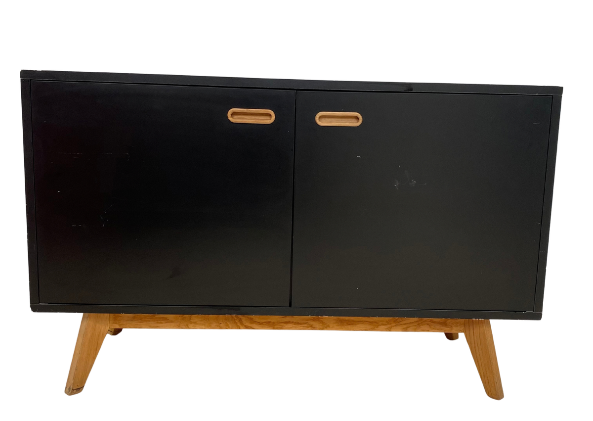 Meuble TV noir à portes sur pieds compas (L 114 × P 43 × H 72 cm)