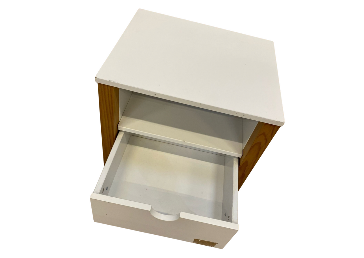 Table de chevet blanche et bois à tiroir et niche