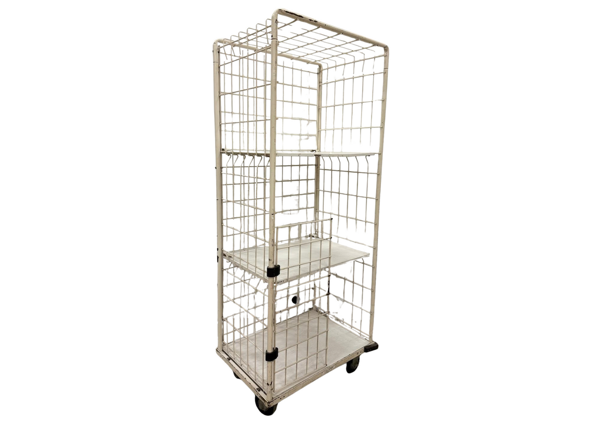 Chariot cage grillagé blanc à roulettes