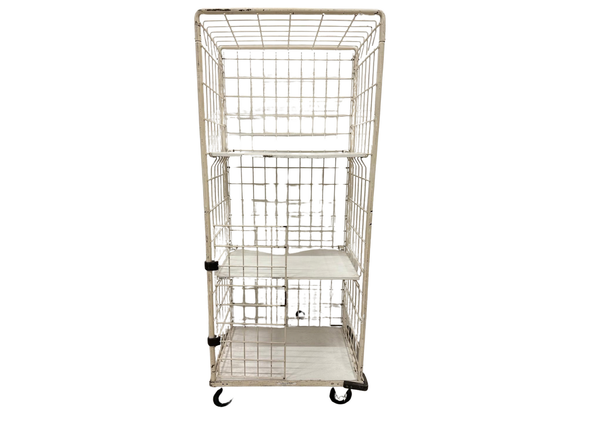Chariot cage grillagé blanc à roulettes