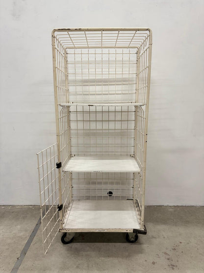 Chariot cage grillagé blanc à roulettes