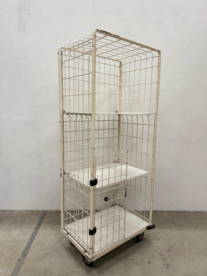 Chariot cage grillagé blanc à roulettes