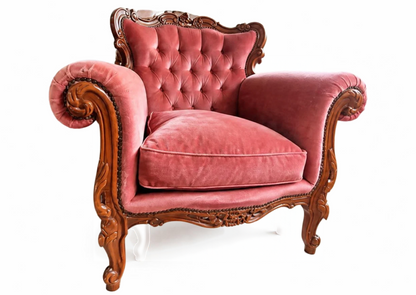Fauteuil baroque en bois sculpté et velours rose