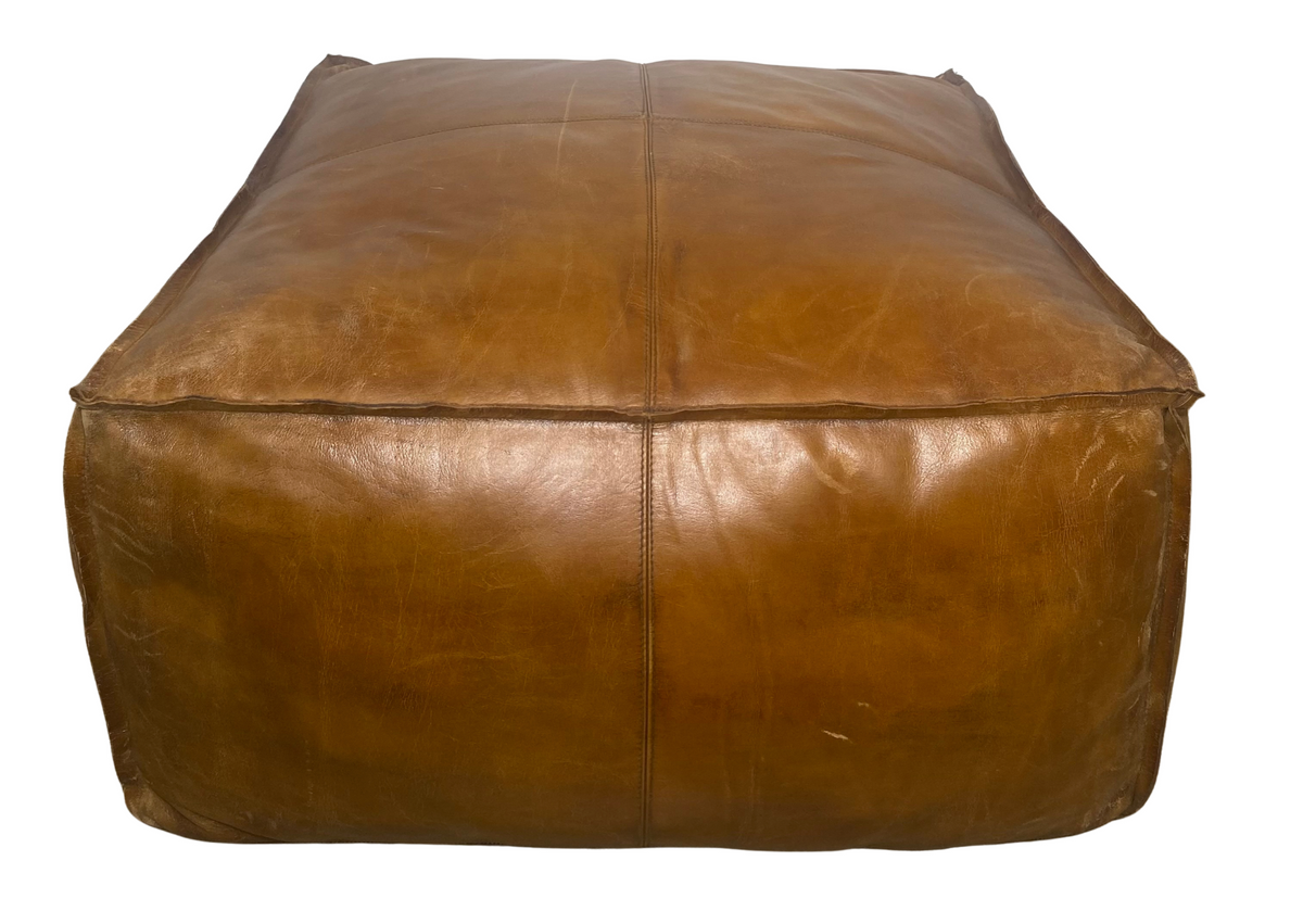 Gros pouf carré en cuir marron (L 76 × P 76 × H 35 cm)
