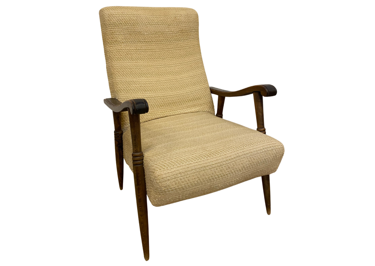 Fauteuil à haut dossier en bois et tissu beige (L 60 × P 70 × H 90 cm)