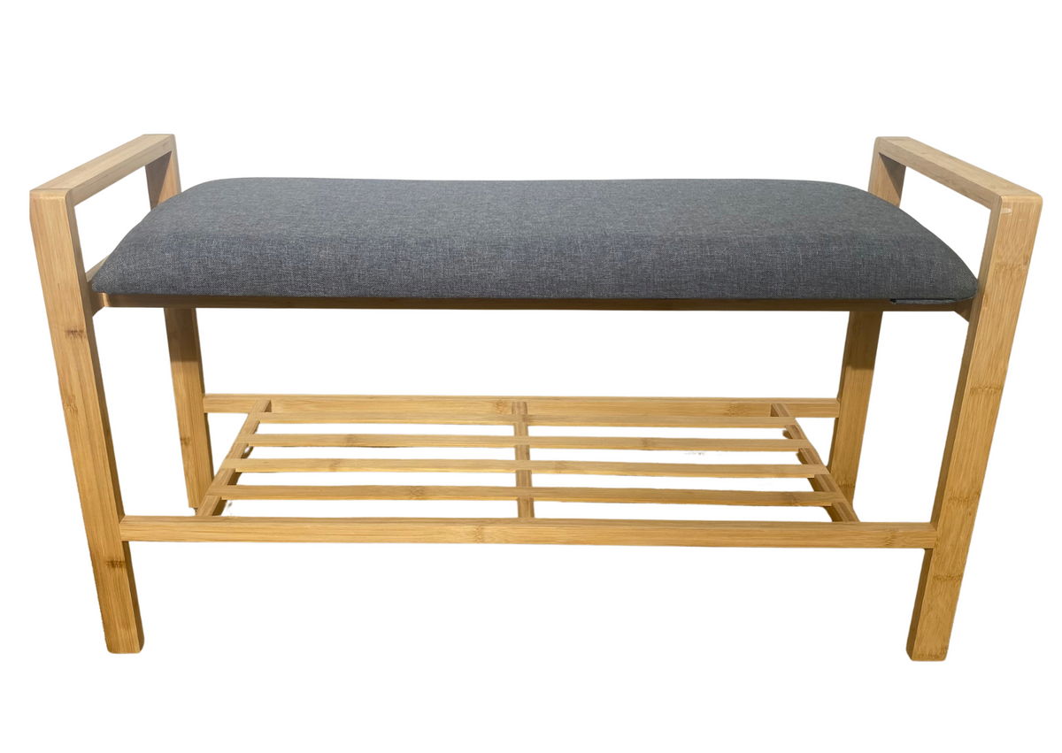 Banc à chaussures en bois clair, assise en tissu gris