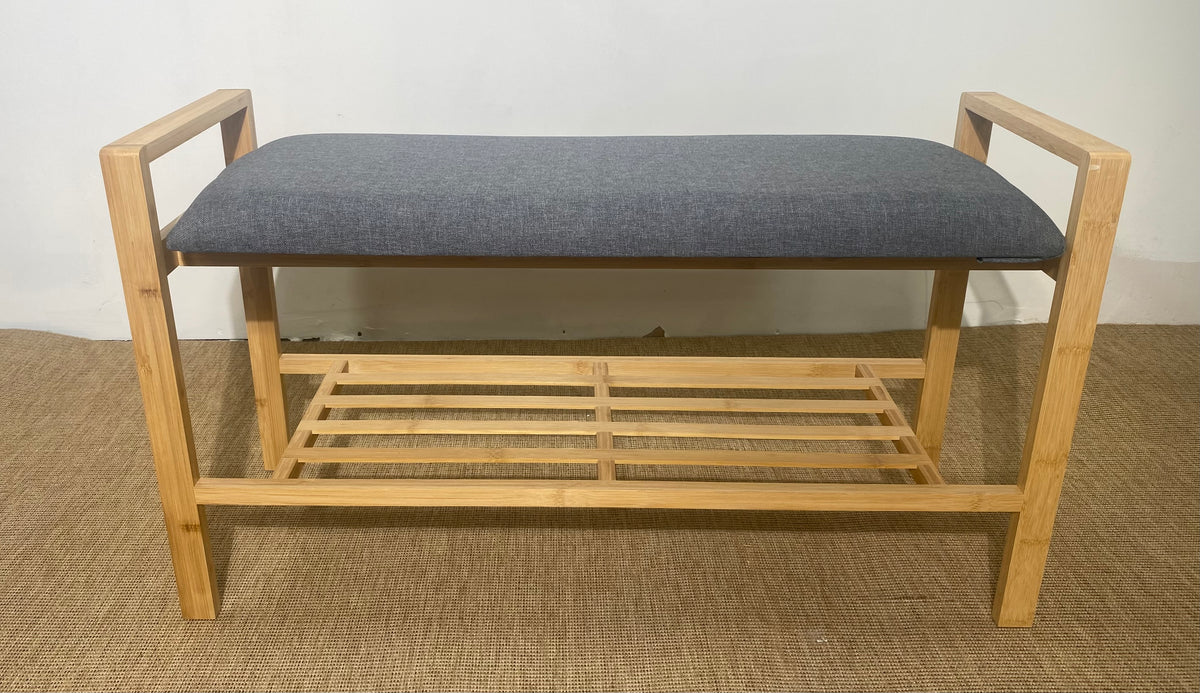 Banc à chaussures en bois clair, assise en tissu gris