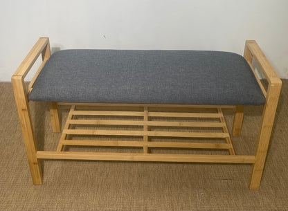 Banc à chaussures en bois clair, assise en tissu gris