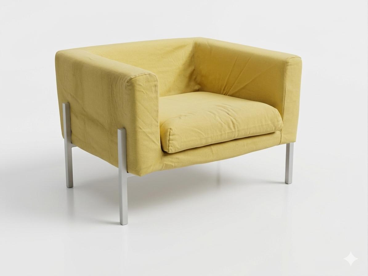 Fauteuil cubique jaune sur pieds en métal chromé