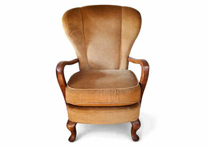 Fauteuil en bois et tissu jaune moutarde