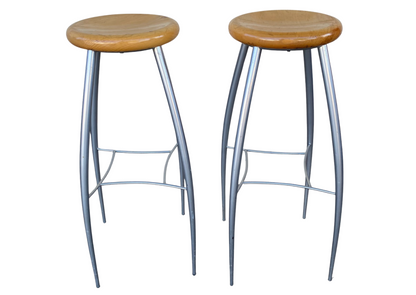 Paire de tabourets de bar en bois et métal gris