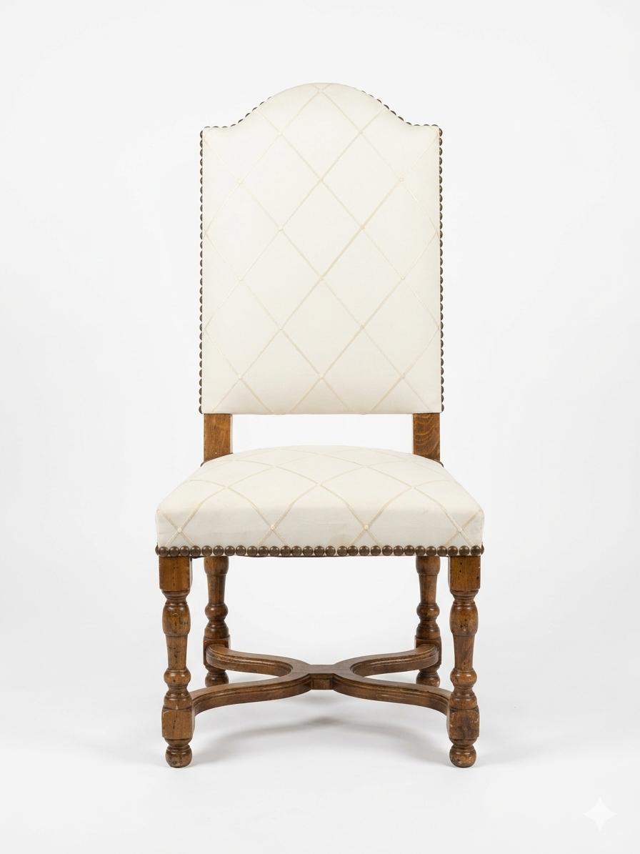 Chaise de style Louis XIII en bois et tissu blanc cassé