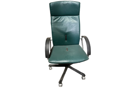 Chaise de bureau à roulettes en cuir vert foncé à haut dossier