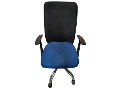 Chaise de bureau à accoudoirs, résille noire et assise bleu marine