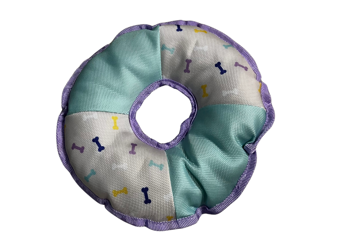 Jouet anneau en tissu bleu et gris