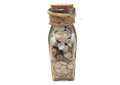 Flacon en verre rempli de coquillages