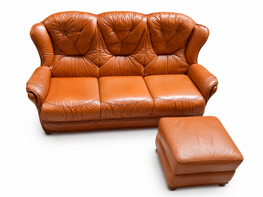 Canapé - marron - cuir - 3 places - pouf