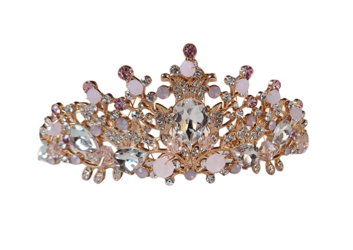 Diadème rose et doré orné de strass et de perles