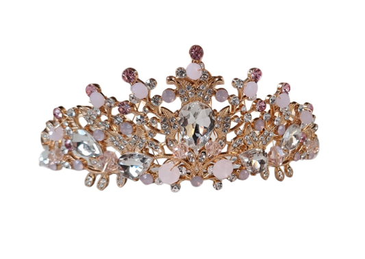 Diadème rose et doré orné de strass et de perles