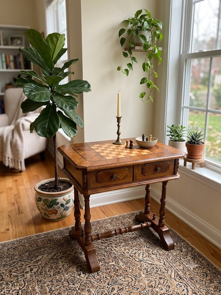 Table de jeux en bois avec échiquier intégré et tiroirs
