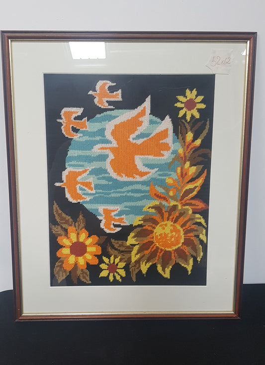 Tableau brodé oiseau