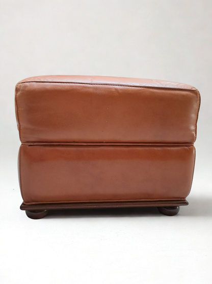 Canapé - marron - cuir - 3 places - pouf