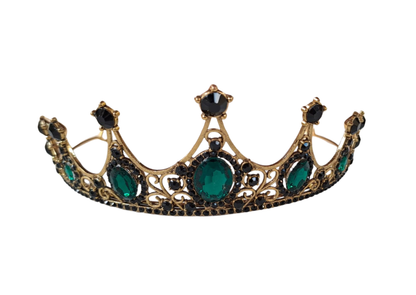 Diadème en métal doré, ornée de strass de couleur vert émeraude et de petits strass noirs