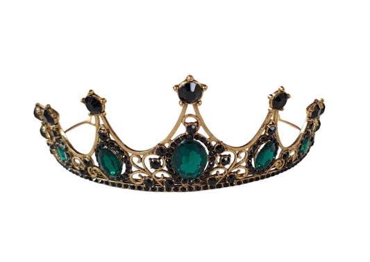 Diadème en métal doré, ornée de strass de couleur vert émeraude et de petits strass noirs